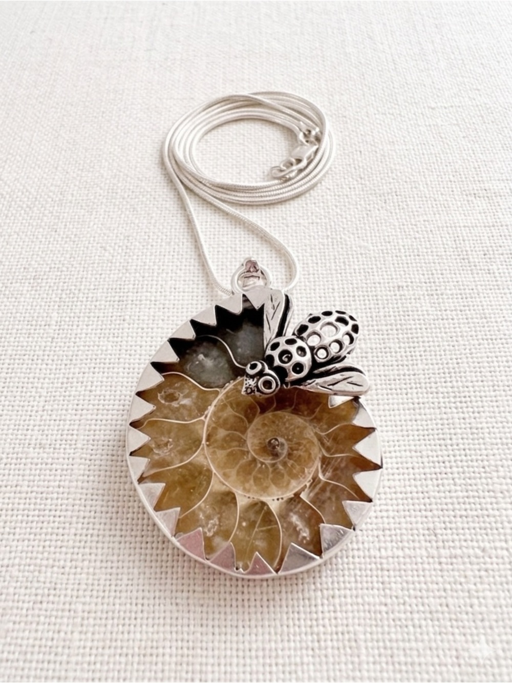 925 Sterling Silver Ammonite Fossil Bee Necklace Boho Whimsigoth Jewelry